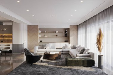 Geniş İskandinav oturma odası, sofistike ve rahat bir iç mekan.