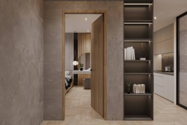 Açık kapı manzarası, sağında kitaplık olan bir yatak odasına açılıyor..