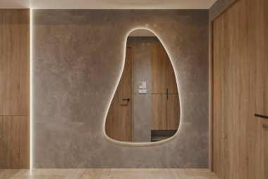 Giriş kapısının yanındaki duvarda asılı duran bir ayna.