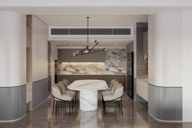 Modern yemek odasının içinde yemek masası, oturma koltukları ve fayanslarla döşenmiş.