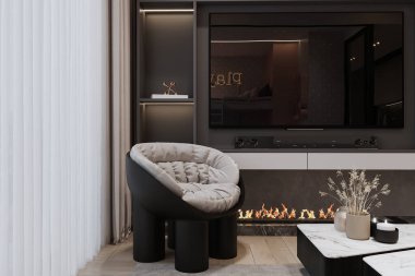 İçinde şöminesi, koltuğu ve büyük bir televizyonu olan modern bir oturma odası..