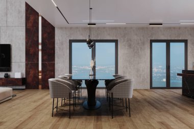 Modern lüks bir daire. Çatı katında yemek masası ve sandalyeleri olan bir ev.