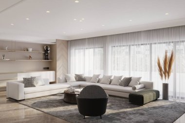 Çatı katı tarzı ve güneşli oturma odası olan modern lüks bir daire.