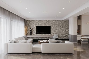 Modern lüks apartman dairesi. Çatı katı tarzı, İskandinav tarzı oturma odası.