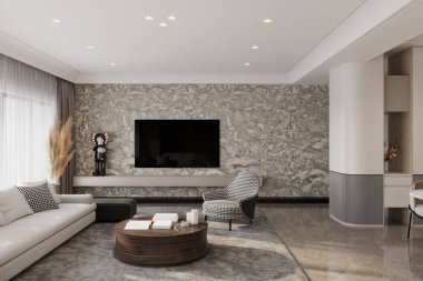 Çatı katı tarzı bir oturma odası ve beyaz rahat bir kanepesi olan modern lüks bir daire.