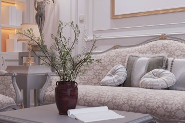 3 boyutlu tasarım, iç mekan iç mekan içinde klasik tarzda hafif bir kanepe.