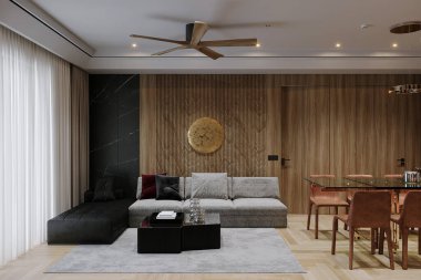 Ahşap panellerin arkasında modüler kanepesi olan modern, parlak bir iç daire oturma odası.