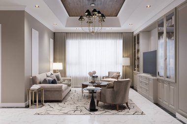 Klasik kanepe, beyaz ve bej perdelerle pencereyi kaplayan Modern Oturma Odası İç Tasarımı