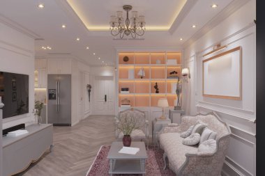 Modern konut oturma odası iç mimarisi klasik tarzda.