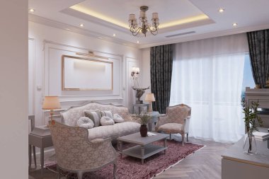 Huzurlu ve ferah yaşam alanı, şeftali ve toz pembe iç tasarım çiçek rengi.