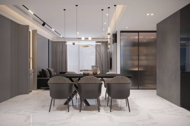 3D render modern yemek odası iç tasarımı