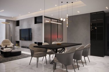 Parlak, modern bir evin lüks yemek odası.