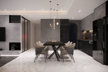 Modern mutfak ve şık bir yemek alanı..