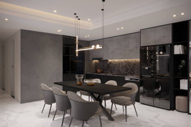 İç mekan, modern karanlık yemek odası iç mekan ve açık mutfak iç mekan.