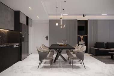 Yemek masası ve sandalyelerle modern yemek ve mutfak..