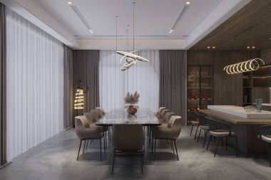 Yemek odası ve şık aletleri olan modern bir mutfak.