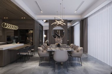 Masası ve sandalyeleri olan modern minimalist yemek odası.