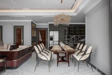 3D render modern yemek odası iç tasarım. Lüks bir ortam yaratıyor.