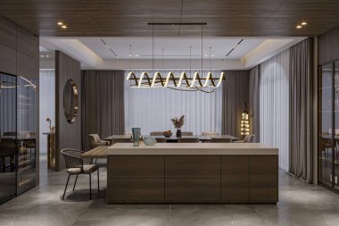 Büyük Ada ve Bar Sandalyeleri ile Lüks Mutfak Modern İç Tasarım.