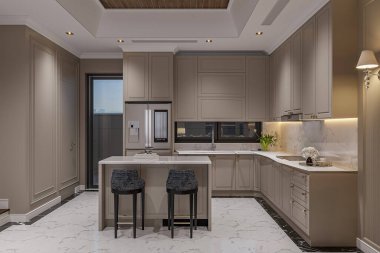 Geleneksel görünümlü bej ve beyaz tavan dolapları olan modern mutfak.