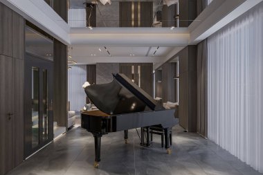 Lüks bir evde, zarif bir oturma odasının yanında piyano odası.