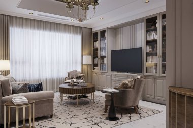 Modern bir dairede büyük bir oturma odası, beyaz ve gri tonlarda, neoklasik tarzda..