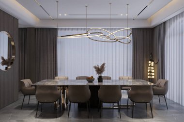 Modern bir Minimalist yemek odasında işlevsellik ve sadelik vurgulanır. Pürüzsüz mobilyalar ve ince aksanlar kullanılabilir.