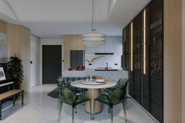 Lüks aletleri olan modern ev yemekleri tasarımı.