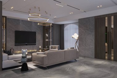 panorama 3D daire içi gri ve akıllı oturma odası