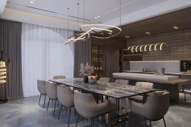 Zarif Masa ve Şık Çağdaş Sandalyeleri olan Modern Yemek Odası