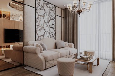 Temiz ve modern oturma odası iç tasarımı bej bej beyazı bir kanepe ile gün ışığında