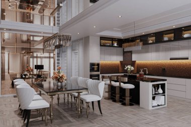 Yemek masası ve beyaz koltukları olan modern lüks bir yemek salonunda 3D yemek takımı.