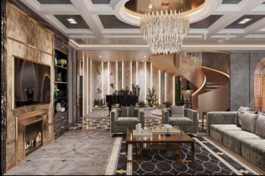 Lüks iç tasarım sergilenen şık ve göz alıcı bir oturma odasına girin.