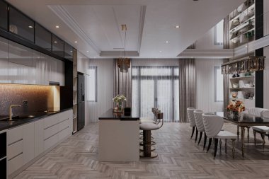 Parlak bar tabureleri ve akıllı bir mutfak ile kaplı cilalı granit adayı aydınlat.