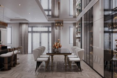 Modern yemek odası zarif mobilyaları ve iç tasarımı olan.