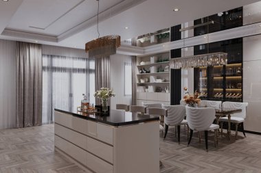 Bar tabureleri, asılı ışıkları ve açık planlı yaşam alanı manzarası olan şık bir mutfak adası.