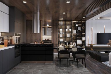 3D lüks ev, yaşam, mutfak ve yemek odası.