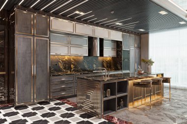 Bar tezgahı ve pencere kenarında yemek dolabı olan lüks bir ev mutfağı.