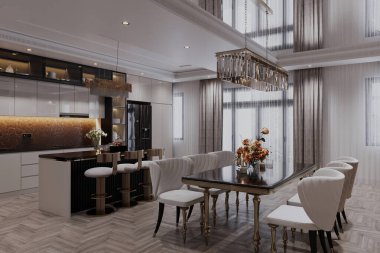 Beton duvarları ve paslanmaz çelik mobilyaları olan modern yemek odası.