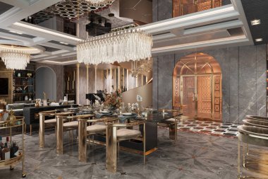 Modern, lüks ev vitrinleri yemek odası, oturma odası.