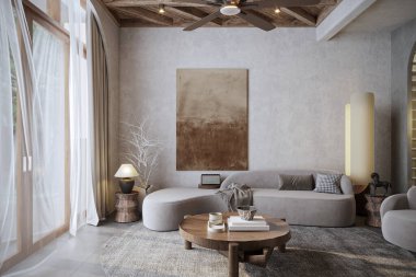 Airy White Space, doğal güneş ışığı ve gölgeli oda modeli, açık gri kanepe ve ahşap kahve masası.