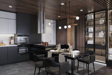 Güzel açık-plan mutfak ve yemek alanında mat siyah renk şeması var.