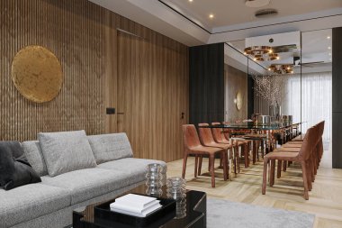 Geniş, açık planlı bir yaşam alanı. Yemek odası, oturma odası ve modern dekor ve kusursuz akışı birleştiriyor.