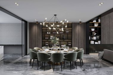 3D render modern yemek odası iç tasarımı