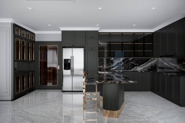 Modern moda kar beyazı bir mutfağın lüks iç tasarımı. Minimalist tarzda ve adalı bir mutfak.