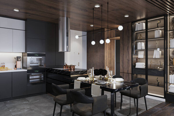 Кухня и столовая открытого плана с матово-черной цветовой гаммой