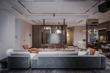 Dağ Manzaralı ve Tarafsız Paletli Ebedi Minimalist Oturma Odası