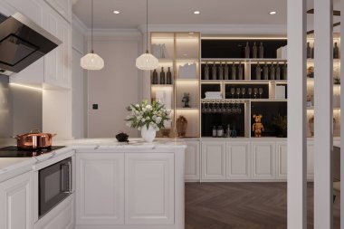 Belfast lavabosuyla modern, parlak titreşimli mutfak.