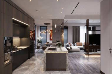 Modern Daire mutfak yemek ve oturma odası