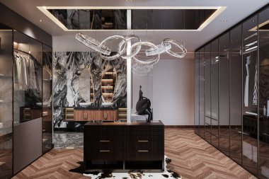 Geniş bir soyunma odası, büyük bir dolap, koyu ahşap bir şifonyer ve modern bir avize..